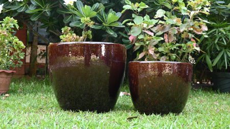 Glossy brown ceramic planters in a garden on green grass.