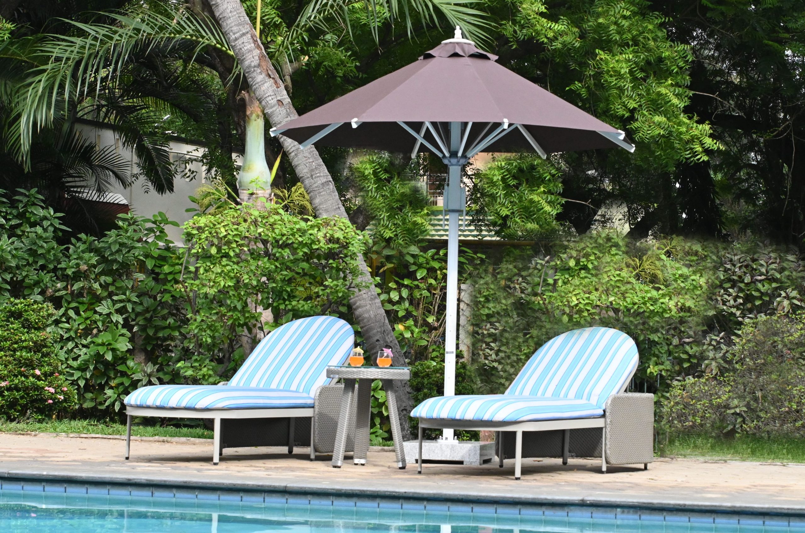 Poolside loungers with striped cushions in a lush garden under an umbrella