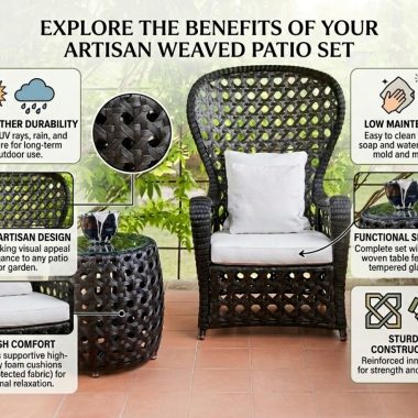 Infographic listing benefits of artisan woven patio set: durability, low maintenance, design, cushioned comfort, side table, sturdy construction.