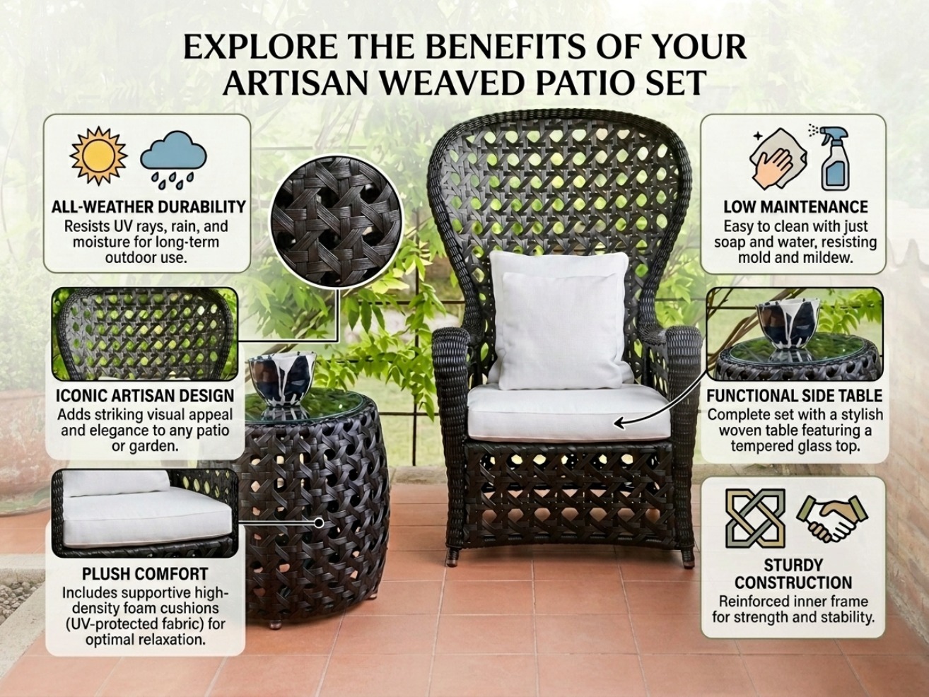 Infographic listing benefits of artisan woven patio set: durability, low maintenance, design, cushioned comfort, side table, sturdy construction.